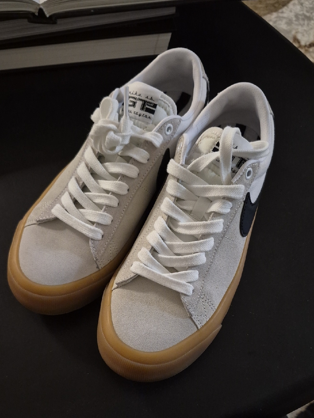 Nike Men's Light Gray Suede Sneakers with Gum Sole and Black Swoosh